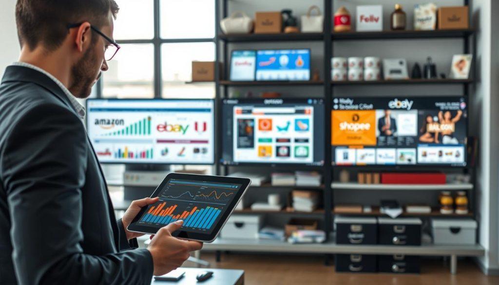 A visually engaging comparison of various e-commerce platforms, featuring a sleek, modern workspace. In the foreground, a professional individual dressed in business attire is intently reviewing a digital tablet displaying graphs and statistics of e-commerce performance. In the middle ground, there are multiple screens showing diverse e-commerce websites like Amazon, eBay, and Shopee, represented with colorful charts and user interfaces. The background includes shelves filled with products and promotional materials, creating an atmosphere of business activity and innovation. Soft, natural light streams through a large window, adding warmth to the scene. The overall mood conveys professionalism and a sense of analysis, suitable for understanding different e-commerce platforms. A visually engaging comparison of various e-commerce platforms, featuring a sleek, modern workspace. In the foreground, a professional individual dressed in business attire is intently reviewing a digital tablet displaying graphs and statistics of e-commerce performance. In the middle ground, there are multiple screens showing diverse e-commerce websites like Amazon, eBay, and Shopee, represented with colorful charts and user interfaces. The background includes shelves filled with products and promotional materials, creating an atmosphere of business activity and innovation. Soft, natural light streams through a large window, adding warmth to the scene. The overall mood conveys professionalism and a sense of analysis, suitable for understanding different e-commerce platforms.