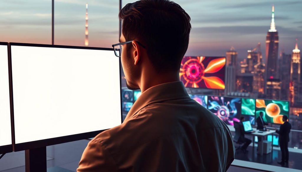 A visually engaging composition illustrating the theme of "Claude's lack of image generation impacting market competitiveness." In the foreground, depict a thoughtful businessperson in professional attire, gazing at a computer screen displaying a blank canvas, symbolizing missed creative opportunities. In the middle ground, place a series of polished, futuristic office spaces filled with team members brainstorming around large digital displays showing vibrant, AI-generated art. The background should feature a dynamic city skyline, representing the rapidly evolving tech marketplace. Use warm lighting to foster a sense of urgency and competitiveness, with soft shadows to enhance focus on the central figure. The atmosphere should convey a mix of hope and apprehension, emphasizing the importance of visual content in business strategy. A visually engaging composition illustrating the theme of "Claude's lack of image generation impacting market competitiveness." In the foreground, depict a thoughtful businessperson in professional attire, gazing at a computer screen displaying a blank canvas, symbolizing missed creative opportunities. In the middle ground, place a series of polished, futuristic office spaces filled with team members brainstorming around large digital displays showing vibrant, AI-generated art. The background should feature a dynamic city skyline, representing the rapidly evolving tech marketplace. Use warm lighting to foster a sense of urgency and competitiveness, with soft shadows to enhance focus on the central figure. The atmosphere should convey a mix of hope and apprehension, emphasizing the importance of visual content in business strategy.