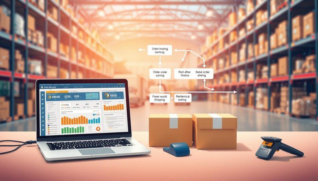 A visually engaging illustration depicting an order management system and an optimized shipping process. In the foreground, a sleek laptop shows a detailed dashboard filled with colorful graphs, order notifications, and inventory levels. A well-organized workspace surrounds the laptop, featuring a couple of neatly stacked boxes ready for shipment and a scanner. In the middle ground, a flowchart outlines the order processing and shipping stages, with arrows indicating the optimization steps. In the background, a warehouse with shelves filled with products and a busy shipping area is visible, illuminated by soft, warm lighting to create a professional yet inviting atmosphere. The image conveys efficiency and clarity, designed to inspire new sellers to streamline their order management. A visually engaging illustration depicting an order management system and an optimized shipping process. In the foreground, a sleek laptop shows a detailed dashboard filled with colorful graphs, order notifications, and inventory levels. A well-organized workspace surrounds the laptop, featuring a couple of neatly stacked boxes ready for shipment and a scanner. In the middle ground, a flowchart outlines the order processing and shipping stages, with arrows indicating the optimization steps. In the background, a warehouse with shelves filled with products and a busy shipping area is visible, illuminated by soft, warm lighting to create a professional yet inviting atmosphere. The image conveys efficiency and clarity, designed to inspire new sellers to streamline their order management.