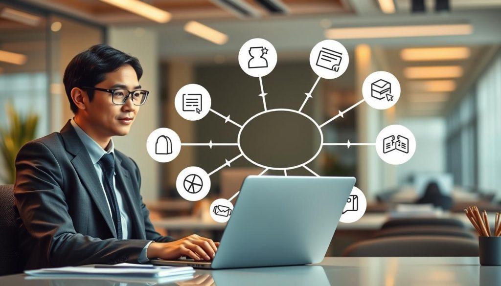 A visually engaging illustration depicting effective sharing techniques for Shopee profit links. In the foreground, a professional person in modest business attire is sitting at a desk, using a laptop, with a thoughtful expression. In the middle, a flowchart emerges showing various methods of sharing links, such as social media icons and messaging apps, with arrows indicating the flow of information. The background features a soft-focus office environment, with warm lighting enhancing the focus on the subject. The overall atmosphere is informative and dynamic, reflecting the concept of methodical sharing strategies. The angle should be slightly elevated, showcasing the person's engagement with the content while maintaining a clean and organized look. A visually engaging illustration depicting effective sharing techniques for Shopee profit links. In the foreground, a professional person in modest business attire is sitting at a desk, using a laptop, with a thoughtful expression. In the middle, a flowchart emerges showing various methods of sharing links, such as social media icons and messaging apps, with arrows indicating the flow of information. The background features a soft-focus office environment, with warm lighting enhancing the focus on the subject. The overall atmosphere is informative and dynamic, reflecting the concept of methodical sharing strategies. The angle should be slightly elevated, showcasing the person's engagement with the content while maintaining a clean and organized look.