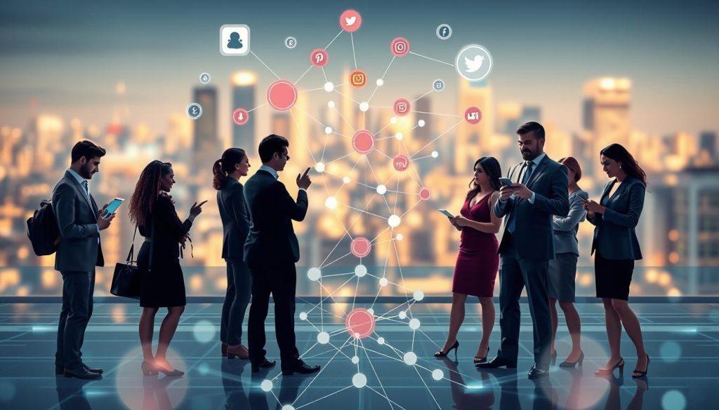 A visually engaging illustration depicting the relationship between the Threads algorithm and revenue-sharing links. In the foreground, show a diverse group of professionals in business attire, actively discussing on digital devices and pointing toward floating social media icons that symbolize engagement and virality. The middle ground features a stylized algorithm representation with interconnected nodes and dynamic flow lines, indicating data processing and content exposure. In the background, a blurred cityscape symbolizes the digital landscape, illuminated by soft, futuristic lighting to create a tech-driven atmosphere. Use a medium-angle perspective to capture the interactions while emphasizing the algorithm's intricacies. The overall mood should be insightful and innovative, reflecting the impact of algorithms on content visibility. A visually engaging illustration depicting the relationship between the Threads algorithm and revenue-sharing links. In the foreground, show a diverse group of professionals in business attire, actively discussing on digital devices and pointing toward floating social media icons that symbolize engagement and virality. The middle ground features a stylized algorithm representation with interconnected nodes and dynamic flow lines, indicating data processing and content exposure. In the background, a blurred cityscape symbolizes the digital landscape, illuminated by soft, futuristic lighting to create a tech-driven atmosphere. Use a medium-angle perspective to capture the interactions while emphasizing the algorithm's intricacies. The overall mood should be insightful and innovative, reflecting the impact of algorithms on content visibility.