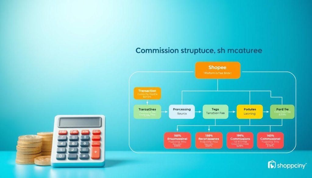 A visually engaging infographic depicting the commission structure of a typical e-commerce platform, focusing on the fees associated with selling on Shopee. In the foreground, show a stylized calculator and monetary symbols (such as coins and bills) to signify transactions. In the middle, incorporate a dynamic flowchart illustrating different fee categories like transaction fees, processing fees, and commission percentages, using bright, contrasting colors for clarity. The background should feature a soft gradient in blues and greens to convey a professional atmosphere. Lighting should be bright and even, highlighting the flowchart and calculator. The overall mood should be informative and approachable, inviting readers to explore the complexities of selling on Shopee in a clear, visual manner. A visually engaging infographic depicting the commission structure of a typical e-commerce platform, focusing on the fees associated with selling on Shopee. In the foreground, show a stylized calculator and monetary symbols (such as coins and bills) to signify transactions. In the middle, incorporate a dynamic flowchart illustrating different fee categories like transaction fees, processing fees, and commission percentages, using bright, contrasting colors for clarity. The background should feature a soft gradient in blues and greens to convey a professional atmosphere. Lighting should be bright and even, highlighting the flowchart and calculator. The overall mood should be informative and approachable, inviting readers to explore the complexities of selling on Shopee in a clear, visual manner.