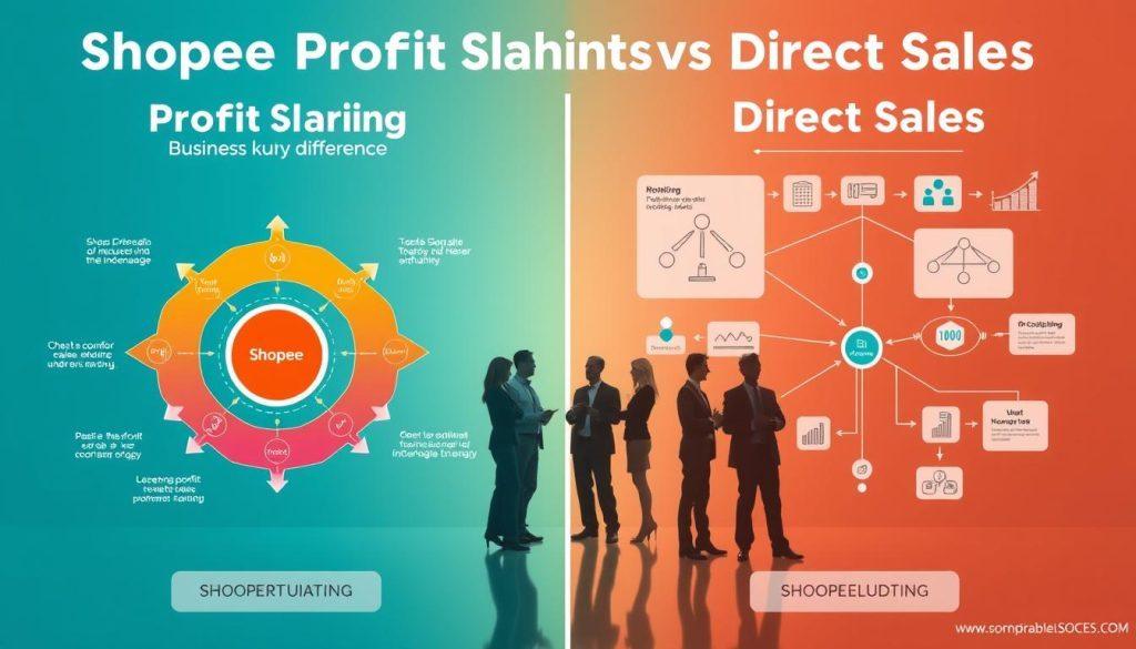 A visually engaging infographic illustrating the key differences between "Shopee Profit Sharing" and "Direct Sales" business models. In the foreground, depict two distinct business structures side by side: on the left, a vibrant diagram representing Shopee Profit Sharing, with arrows indicating revenue flows and collaborative interactions; on the right, a traditional direct sales model featuring network diagrams and individual sales pathways. The middle ground can include icons of people in professional business attire, discussing strategies, surrounded by modern digital elements like graphs and charts. In the background, use a gradient that transitions from warm to cool colors to symbolize contrasting business dynamics. The lighting should be bright and professional, creating a clear and informative atmosphere. A visually engaging infographic illustrating the key differences between "Shopee Profit Sharing" and "Direct Sales" business models. In the foreground, depict two distinct business structures side by side: on the left, a vibrant diagram representing Shopee Profit Sharing, with arrows indicating revenue flows and collaborative interactions; on the right, a traditional direct sales model featuring network diagrams and individual sales pathways. The middle ground can include icons of people in professional business attire, discussing strategies, surrounded by modern digital elements like graphs and charts. In the background, use a gradient that transitions from warm to cool colors to symbolize contrasting business dynamics. The lighting should be bright and professional, creating a clear and informative atmosphere.