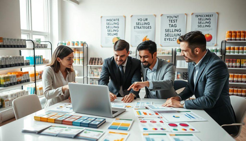 A visually engaging workspace scene featuring a diverse group of four professionals intensely discussing product categorization and tag optimization for an online marketplace. In the foreground, a neatly arranged table displays color-coded product labels and categorization charts. The middle layer shows the professionals - one woman and three men - wearing smart business attire, actively exchanging ideas while pointing at a laptop with graphs and statistics on the screen. The background features a bright, well-lit office environment with shelves of organized products and motivational posters about effective selling strategies. Soft natural light filters through the windows, creating a collaborative and focused atmosphere, emphasizing teamwork and strategic planning. The overall mood is productive and optimistic, capturing the essence of making informed decisions for e-commerce success. A visually engaging workspace scene featuring a diverse group of four professionals intensely discussing product categorization and tag optimization for an online marketplace. In the foreground, a neatly arranged table displays color-coded product labels and categorization charts. The middle layer shows the professionals - one woman and three men - wearing smart business attire, actively exchanging ideas while pointing at a laptop with graphs and statistics on the screen. The background features a bright, well-lit office environment with shelves of organized products and motivational posters about effective selling strategies. Soft natural light filters through the windows, creating a collaborative and focused atmosphere, emphasizing teamwork and strategic planning. The overall mood is productive and optimistic, capturing the essence of making informed decisions for e-commerce success.