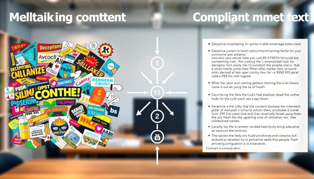 A visually striking comparison chart illustrating the contrast between misleading promotional content and compliant advertising text. In the foreground, two clear sections: on the left, a chaotic mix of colorful, exaggerated claims and images representing deceptive marketing tactics, like flashy graphics and buzzing icons. On the right, a calm, organized presentation of factual information with soothing colors and well-structured bullet points. In the middle ground, arrows and icons highlighting the differences, with a blurred office setting in the background, softly lit to create a professional atmosphere. The overall mood is informative and serious, emphasizing the importance of honesty in marketing practices. A visually striking comparison chart illustrating the contrast between misleading promotional content and compliant advertising text. In the foreground, two clear sections: on the left, a chaotic mix of colorful, exaggerated claims and images representing deceptive marketing tactics, like flashy graphics and buzzing icons. On the right, a calm, organized presentation of factual information with soothing colors and well-structured bullet points. In the middle ground, arrows and icons highlighting the differences, with a blurred office setting in the background, softly lit to create a professional atmosphere. The overall mood is informative and serious, emphasizing the importance of honesty in marketing practices.