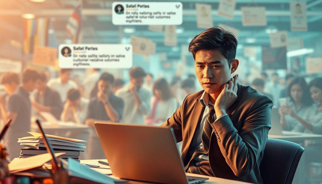A visually striking composition illustrating the impact of poor customer service quality on Shopee sellers. In the foreground, depict a stressed seller, a young Asian man in a professional outfit, sitting at a cluttered desk with a laptop and customer feedback forms scattered around. His expression shows frustration and concern. In the middle ground, show a blurred image of a busy online marketplace with notifications of customer complaints and negative reviews. In the background, faintly illustrate a chaotic scene of unhappy customers, looking confused and disappointed, interacting with their devices. Use soft lighting to create a sense of tension and urgency, focusing on warm tones to enhance emotional gravity. The overall atmosphere conveys the challenges that arise from inadequate customer support in e-commerce. A visually striking composition illustrating the impact of poor customer service quality on Shopee sellers. In the foreground, depict a stressed seller, a young Asian man in a professional outfit, sitting at a cluttered desk with a laptop and customer feedback forms scattered around. His expression shows frustration and concern. In the middle ground, show a blurred image of a busy online marketplace with notifications of customer complaints and negative reviews. In the background, faintly illustrate a chaotic scene of unhappy customers, looking confused and disappointed, interacting with their devices. Use soft lighting to create a sense of tension and urgency, focusing on warm tones to enhance emotional gravity. The overall atmosphere conveys the challenges that arise from inadequate customer support in e-commerce.