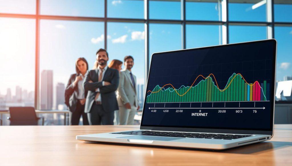 A visually striking illustration depicting the concept of "internet speed explanation." In the foreground, a laptop screen displays a graphical representation of fluctuating internet speed, featuring colorful lines and bars that signify data transfer rates. To the left, a diverse group of professionals, dressed in business attire, gazes intently at the screen, reflecting concern and frustration over internet limitations. In the middle ground, a modern office environment is visible with sleek furniture and gadgets, symbolizing a tech-savvy world. The background features a large window showing a cityscape under a clear blue sky, evoking a sense of connectivity and technological advancement. Bright, natural lighting pours in, creating an engaging and dynamic atmosphere that underscores the urgency of understanding internet throttling. No text or logos are included. A visually striking illustration depicting the concept of "internet speed explanation." In the foreground, a laptop screen displays a graphical representation of fluctuating internet speed, featuring colorful lines and bars that signify data transfer rates. To the left, a diverse group of professionals, dressed in business attire, gazes intently at the screen, reflecting concern and frustration over internet limitations. In the middle ground, a modern office environment is visible with sleek furniture and gadgets, symbolizing a tech-savvy world. The background features a large window showing a cityscape under a clear blue sky, evoking a sense of connectivity and technological advancement. Bright, natural lighting pours in, creating an engaging and dynamic atmosphere that underscores the urgency of understanding internet throttling. No text or logos are included.