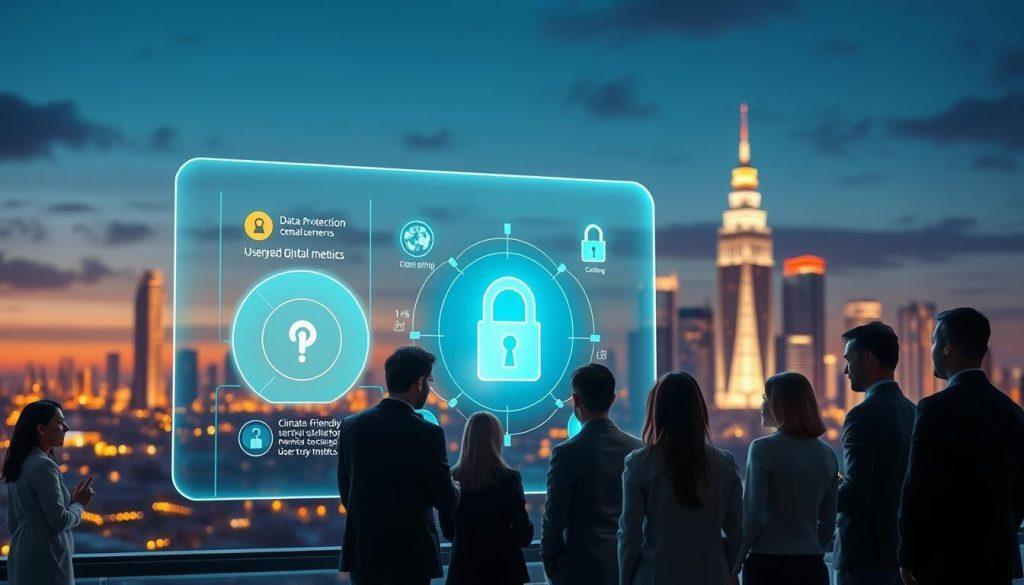 A visually striking illustration of data privacy and user trust for "Claude安全措施". In the foreground, a diverse group of professionals in business attire engages in a discussion around a large holographic interface displaying data protection symbols and user trust metrics. In the middle ground, a glowing representation of a secure digital environment, depicting climate-friendly technology, encrypted data streams, and padlocks symbolizing security, invites intrigue. The background features an abstract cityscape at dusk, subtly lit by the warm glow of technology, illustrating a connected world. Soft, ambient lighting enhances the atmosphere, creating a sense of professionalism and trust. The overall mood conveys optimism and security, emphasizing the importance of safety measures in digital interactions. A visually striking illustration of data privacy and user trust for "Claude安全措施". In the foreground, a diverse group of professionals in business attire engages in a discussion around a large holographic interface displaying data protection symbols and user trust metrics. In the middle ground, a glowing representation of a secure digital environment, depicting climate-friendly technology, encrypted data streams, and padlocks symbolizing security, invites intrigue. The background features an abstract cityscape at dusk, subtly lit by the warm glow of technology, illustrating a connected world. Soft, ambient lighting enhances the atmosphere, creating a sense of professionalism and trust. The overall mood conveys optimism and security, emphasizing the importance of safety measures in digital interactions.