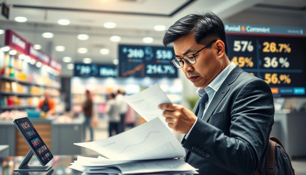 A visually striking illustration showcasing the impact of fee adjustments on seller costs in an e-commerce environment. In the foreground, a stressed small business owner, a middle-aged Asian man in smart casual attire, scrutinizes financial documents and graphs reflecting rising costs. In the middle, a bustling online marketplace display with various products, symbolizing both large and small sellers. In the background, a digital screen shows fluctuating fee percentages, conveying tension in the e-commerce landscape. The setting is bright and modern, with soft lighting to create a professional atmosphere. Use a shallow depth of field to focus on the business owner while slightly blurring the background, enhancing the mood of concern and urgency surrounding the fee adjustments. A visually striking illustration showcasing the impact of fee adjustments on seller costs in an e-commerce environment. In the foreground, a stressed small business owner, a middle-aged Asian man in smart casual attire, scrutinizes financial documents and graphs reflecting rising costs. In the middle, a bustling online marketplace display with various products, symbolizing both large and small sellers. In the background, a digital screen shows fluctuating fee percentages, conveying tension in the e-commerce landscape. The setting is bright and modern, with soft lighting to create a professional atmosphere. Use a shallow depth of field to focus on the business owner while slightly blurring the background, enhancing the mood of concern and urgency surrounding the fee adjustments.