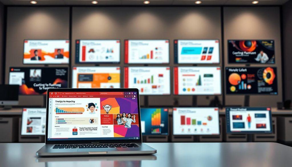 A visually striking image showcasing a variety of diverse PowerPoint templates, displayed on multiple computer screens in a modern office setting. In the foreground, a sleek desk with a laptop open to a colorful template showcasing engaging visuals and data. The middle ground features several monitors, each displaying different styles of PowerPoint presentations—some with bold layouts, others with minimalistic designs, all filled with charts, graphics, and vibrant color schemes. In the background, soft, ambient lighting creates a professional atmosphere, highlighting the importance of creativity in business presentations. The scene is captured from a slightly elevated angle, emphasizing the dynamic use of technology in a collaborative workspace. A visually striking image showcasing a variety of diverse PowerPoint templates, displayed on multiple computer screens in a modern office setting. In the foreground, a sleek desk with a laptop open to a colorful template showcasing engaging visuals and data. The middle ground features several monitors, each displaying different styles of PowerPoint presentations—some with bold layouts, others with minimalistic designs, all filled with charts, graphics, and vibrant color schemes. In the background, soft, ambient lighting creates a professional atmosphere, highlighting the importance of creativity in business presentations. The scene is captured from a slightly elevated angle, emphasizing the dynamic use of technology in a collaborative workspace.