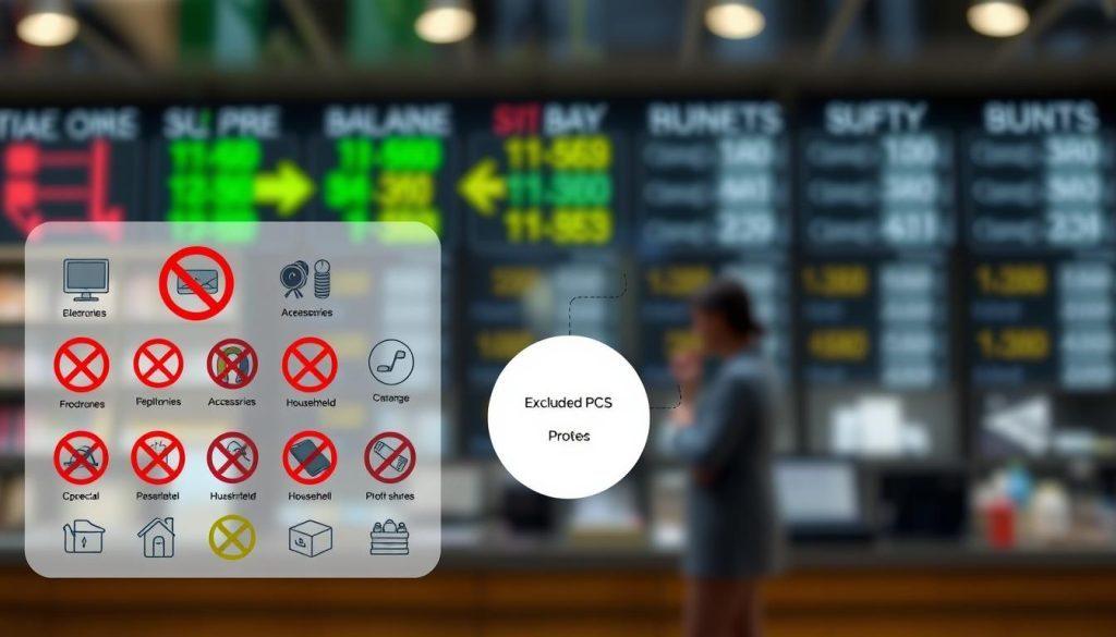 A visually striking infographic illustrating the concept of "Product Category Restrictions and Excluded Profit-sharing Products". In the foreground, display an organized grid of product icons, such as electronics, accessories, and household items, each with a red prohibition sign overlay for select categories that do not support profit-sharing. In the middle, a flowchart-style layout connecting these product icons to a large excluded category bubble, symbolizing the various reasons for their non-support in profit-sharing schemes. In the background, a subtle, blurred financial market scene conveys a professional atmosphere. Use soft, diffused lighting to create an informative yet accessible ambiance, shot from a slightly elevated angle to enhance readability and organization. A visually striking infographic illustrating the concept of "Product Category Restrictions and Excluded Profit-sharing Products". In the foreground, display an organized grid of product icons, such as electronics, accessories, and household items, each with a red prohibition sign overlay for select categories that do not support profit-sharing. In the middle, a flowchart-style layout connecting these product icons to a large excluded category bubble, symbolizing the various reasons for their non-support in profit-sharing schemes. In the background, a subtle, blurred financial market scene conveys a professional atmosphere. Use soft, diffused lighting to create an informative yet accessible ambiance, shot from a slightly elevated angle to enhance readability and organization.