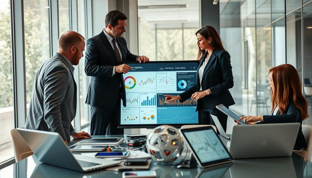 A visually striking representation of "Model Capabilities vs. Real-World Applications." In the foreground, a diverse group of professionals—two men and two women in smart business attire—engaged in a collaborative discussion around a large touchscreen displaying complex data visualizations and charts. In the middle ground, various tools and applications like laptops and tablets, showcasing the integration of AI technology in everyday work. The background features a modern, sleek office environment with large windows allowing natural light to flood the space, creating a bright and inspiring atmosphere. The camera angle is slightly elevated, capturing the dynamic interaction among the team while emphasizing the contrast between theoretical models and their practical use. The mood is one of innovation and collaboration, underscoring teamwork in leveraging AI for real-world challenges. A visually striking representation of "Model Capabilities vs. Real-World Applications." In the foreground, a diverse group of professionals—two men and two women in smart business attire—engaged in a collaborative discussion around a large touchscreen displaying complex data visualizations and charts. In the middle ground, various tools and applications like laptops and tablets, showcasing the integration of AI technology in everyday work. The background features a modern, sleek office environment with large windows allowing natural light to flood the space, creating a bright and inspiring atmosphere. The camera angle is slightly elevated, capturing the dynamic interaction among the team while emphasizing the contrast between theoretical models and their practical use. The mood is one of innovation and collaboration, underscoring teamwork in leveraging AI for real-world challenges.