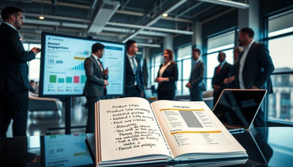 A visually striking representation of "SEO Optimization Techniques for Product Titles" in a professional context. In the foreground, a diverse group of business professionals, dressed in smart business attire, collaborate around a large screen displaying analytics data and keyword suggestions. In the middle ground, an open notebook with hand-written notes about product title strategies and a laptop showing an online marketplace interface. The background features a modern office environment with sleek furniture and large windows allowing natural light to flood the space, creating a bright and motivating atmosphere. The overall mood is one of focus and teamwork, emphasizing the importance of effective product titles in e-commerce success. The image embodies the essence of SEO optimization and strategic planning without any text or distractions. A visually striking representation of "SEO Optimization Techniques for Product Titles" in a professional context. In the foreground, a diverse group of business professionals, dressed in smart business attire, collaborate around a large screen displaying analytics data and keyword suggestions. In the middle ground, an open notebook with hand-written notes about product title strategies and a laptop showing an online marketplace interface. The background features a modern office environment with sleek furniture and large windows allowing natural light to flood the space, creating a bright and motivating atmosphere. The overall mood is one of focus and teamwork, emphasizing the importance of effective product titles in e-commerce success. The image embodies the essence of SEO optimization and strategic planning without any text or distractions.