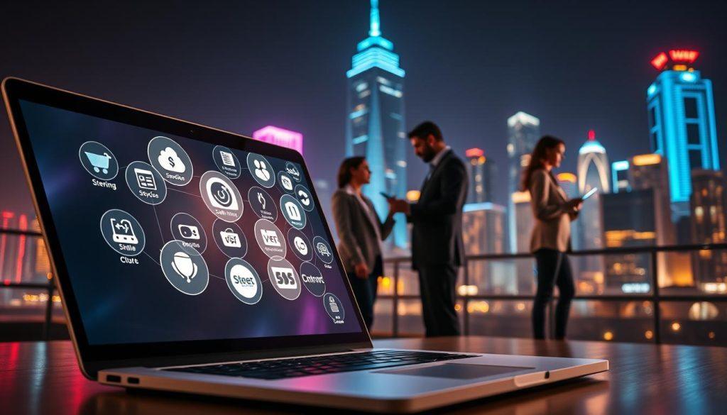 A visually striking representation of a subscription ecosystem, showcasing interconnected digital platforms and services. In the foreground, a sleek, modern laptop displays various subscription icons like streaming services, software tools, and e-commerce platforms, all glowing softly. In the middle ground, diverse professionals in business attire interact with holographic interfaces, symbolizing engagement and collaboration within the ecosystem. The background features a futuristic city skyline, illuminated with neon lights that convey innovation and growth. The atmosphere is vibrant and dynamic, capturing the essence of a thriving digital economy, with warm lighting highlighting the people and technology in action. The perspective is slightly tilted to give a sense of depth and movement, emphasizing a forward-looking vision. A visually striking representation of a subscription ecosystem, showcasing interconnected digital platforms and services. In the foreground, a sleek, modern laptop displays various subscription icons like streaming services, software tools, and e-commerce platforms, all glowing softly. In the middle ground, diverse professionals in business attire interact with holographic interfaces, symbolizing engagement and collaboration within the ecosystem. The background features a futuristic city skyline, illuminated with neon lights that convey innovation and growth. The atmosphere is vibrant and dynamic, capturing the essence of a thriving digital economy, with warm lighting highlighting the people and technology in action. The perspective is slightly tilted to give a sense of depth and movement, emphasizing a forward-looking vision.