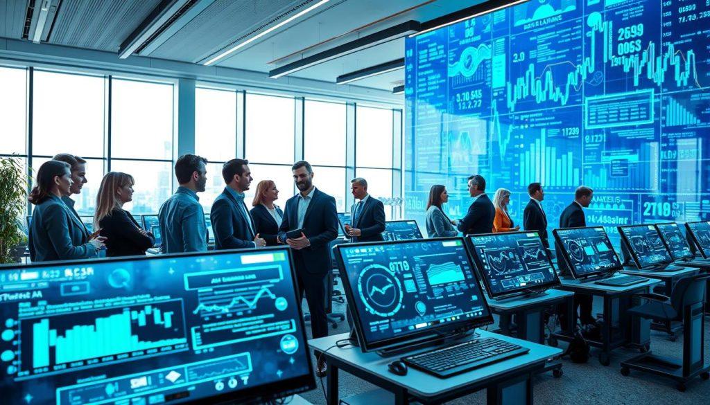 A visually striking scene depicting the theme of "AI in Data Processing." In the foreground, a diverse group of professionals, dressed in smart business attire, are collaborating over a large digital display showing animated graphs and data streams. The middle ground features sleek, futuristic computer workstations with holographic interfaces displaying complex algorithms and real-time data analysis. The background showcases a modern, spacious office with panoramic windows allowing natural light to flood in, enhancing the vibrant blue and green tones of the digital data. The atmosphere is energetic and innovative, conveying the cutting-edge nature of AI technology in transforming data into actionable insights. The lighting is bright and focused, highlighting the professionals engaged in analytical discussions, capturing a sense of teamwork and forward-thinking. A visually striking scene depicting the theme of "AI in Data Processing." In the foreground, a diverse group of professionals, dressed in smart business attire, are collaborating over a large digital display showing animated graphs and data streams. The middle ground features sleek, futuristic computer workstations with holographic interfaces displaying complex algorithms and real-time data analysis. The background showcases a modern, spacious office with panoramic windows allowing natural light to flood in, enhancing the vibrant blue and green tones of the digital data. The atmosphere is energetic and innovative, conveying the cutting-edge nature of AI technology in transforming data into actionable insights. The lighting is bright and focused, highlighting the professionals engaged in analytical discussions, capturing a sense of teamwork and forward-thinking.
