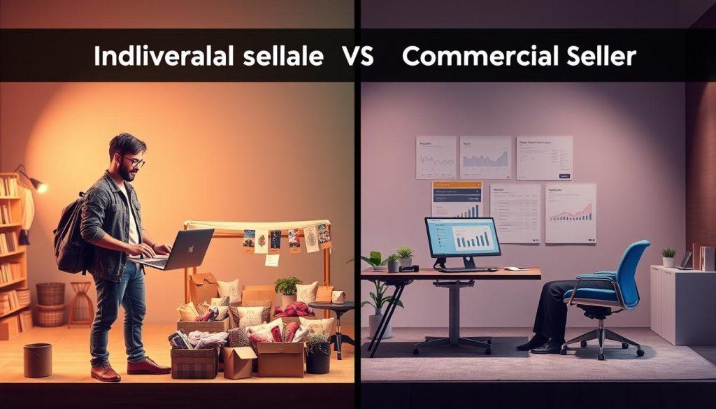 A vivid comparison scene illustrating the differences between individual sellers and commercial sellers. In the foreground, feature two distinct characters: one dressed in casual attire, representing an individual seller with a laptop and handmade goods, embodying a personal touch; the other, a business professional in formal attire, showcasing an organized workspace with branded products and sales analytics on a screen. In the middle ground, display contrasting elements like a small market setup for the individual and a sophisticated office space for the commercial seller. The background should depict a gentle gradient transition from a cozy market environment to a sleek corporate backdrop. Use soft, warm lighting to create an inviting atmosphere, emphasizing the personal connection of individual selling versus the structured nature of commercial selling. A vivid comparison scene illustrating the differences between individual sellers and commercial sellers. In the foreground, feature two distinct characters: one dressed in casual attire, representing an individual seller with a laptop and handmade goods, embodying a personal touch; the other, a business professional in formal attire, showcasing an organized workspace with branded products and sales analytics on a screen. In the middle ground, display contrasting elements like a small market setup for the individual and a sophisticated office space for the commercial seller. The background should depict a gentle gradient transition from a cozy market environment to a sleek corporate backdrop. Use soft, warm lighting to create an inviting atmosphere, emphasizing the personal connection of individual selling versus the structured nature of commercial selling.