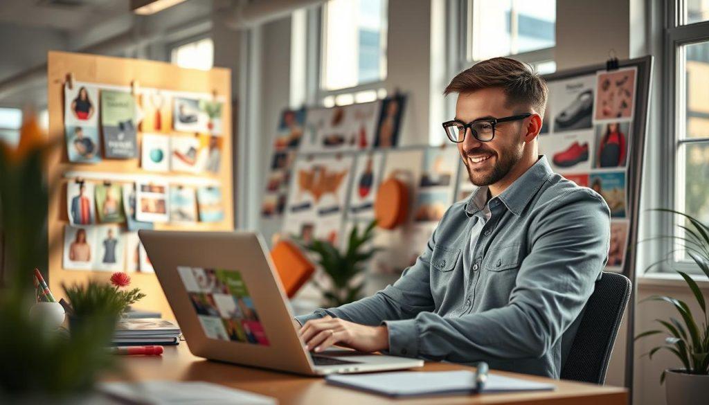 A well-designed workspace is the focus, filled with an array of vibrant products for sale on a digital platform. In the foreground, a confident individual in smart-casual attire, a laptop open, is analyzing sales metrics, surrounded by colorful product images on the screen. The middle ground features promotional materials and marketing strategies pinned on a board, showcasing various techniques to enhance product visibility. The background highlights a bright, well-lit office environment, with soft natural sunlight streaming through large windows, giving the scene a warm and inviting atmosphere. The mood conveys a sense of motivation and professionalism, emphasizing the practical steps to boost product exposure in an online marketplace, with a depth of field effect focusing on the individual at work. A well-designed workspace is the focus, filled with an array of vibrant products for sale on a digital platform. In the foreground, a confident individual in smart-casual attire, a laptop open, is analyzing sales metrics, surrounded by colorful product images on the screen. The middle ground features promotional materials and marketing strategies pinned on a board, showcasing various techniques to enhance product visibility. The background highlights a bright, well-lit office environment, with soft natural sunlight streaming through large windows, giving the scene a warm and inviting atmosphere. The mood conveys a sense of motivation and professionalism, emphasizing the practical steps to boost product exposure in an online marketplace, with a depth of field effect focusing on the individual at work.