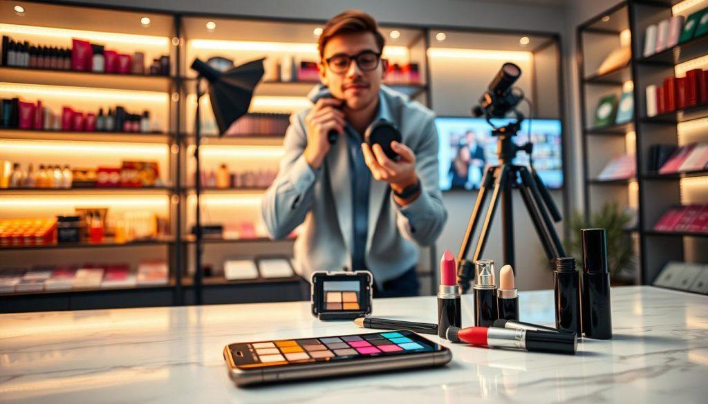 A well-lit, modern photography setup showcasing "product photography techniques." In the foreground, a sleek smartphone and vibrant makeup products are arranged artistically on a white marble background, highlighting sharp focus on textures. In the middle, a professional photographer, dressed in smart casual attire, adjusts the lighting setup, using a softbox to create a warm, inviting glow. A camera on a tripod captures the scene from a low angle, emphasizing the products. In the background, blurred shelves display an array of colorful cosmetics, adding depth to the composition. The atmosphere is inspiring and dynamic, conveying a sense of creativity and professionalism in product presentation. A well-lit, modern photography setup showcasing "product photography techniques." In the foreground, a sleek smartphone and vibrant makeup products are arranged artistically on a white marble background, highlighting sharp focus on textures. In the middle, a professional photographer, dressed in smart casual attire, adjusts the lighting setup, using a softbox to create a warm, inviting glow. A camera on a tripod captures the scene from a low angle, emphasizing the products. In the background, blurred shelves display an array of colorful cosmetics, adding depth to the composition. The atmosphere is inspiring and dynamic, conveying a sense of creativity and professionalism in product presentation.