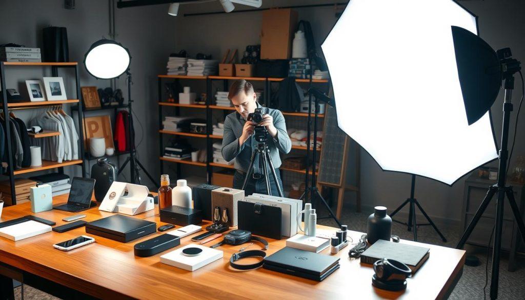 A well-lit professional studio setup showcasing a product photography demonstration. In the foreground, a polished wooden table holds an elegant display of various products, such as electronics, clothing, and accessories, all beautifully arranged. Soft, diffused lighting highlights their features, casting gentle shadows for depth. In the middle, a photographer in smart casual attire is seen adjusting the camera on a tripod, focusing on a product, with a reflector placed strategically to enhance lighting. In the background, shelves filled with photography props and equipment, along with a large softbox illuminating the scene. The atmosphere is creative and focused, emphasizing the importance of proper product photography techniques for sellers. The overall mood is professional, inviting, and educational. A well-lit professional studio setup showcasing a product photography demonstration. In the foreground, a polished wooden table holds an elegant display of various products, such as electronics, clothing, and accessories, all beautifully arranged. Soft, diffused lighting highlights their features, casting gentle shadows for depth. In the middle, a photographer in smart casual attire is seen adjusting the camera on a tripod, focusing on a product, with a reflector placed strategically to enhance lighting. In the background, shelves filled with photography props and equipment, along with a large softbox illuminating the scene. The atmosphere is creative and focused, emphasizing the importance of proper product photography techniques for sellers. The overall mood is professional, inviting, and educational.