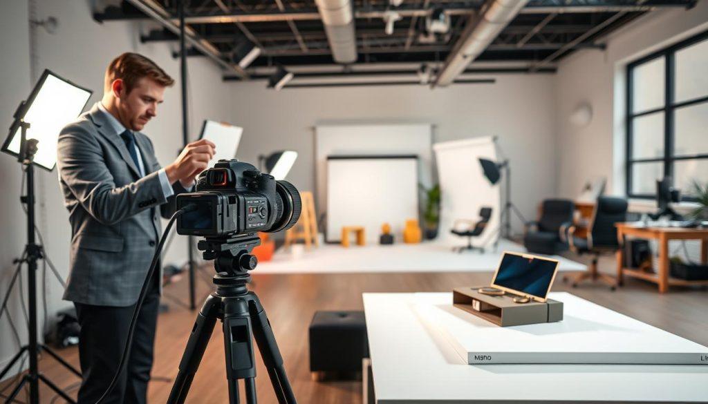 A well-lit studio setting showcasing a product photography setup. In the foreground, a high-quality camera is positioned on a tripod, aimed at a beautifully arranged product, such as a stylish electronic gadget or home accessory, resting on a clean, white surface. To the left, an experienced photographer, dressed in professional business attire, carefully adjusts lighting equipment to create warm, inviting illumination that highlights the product's features. The middle ground features various props and backdrops to enhance the product's presentation, while in the background, soft focus reveals a clutter-free workspace, emphasizing an organized creative environment. The mood is focused and professional, conveying a sense of dedication to high-quality product photography. A well-lit studio setting showcasing a product photography setup. In the foreground, a high-quality camera is positioned on a tripod, aimed at a beautifully arranged product, such as a stylish electronic gadget or home accessory, resting on a clean, white surface. To the left, an experienced photographer, dressed in professional business attire, carefully adjusts lighting equipment to create warm, inviting illumination that highlights the product's features. The middle ground features various props and backdrops to enhance the product's presentation, while in the background, soft focus reveals a clutter-free workspace, emphasizing an organized creative environment. The mood is focused and professional, conveying a sense of dedication to high-quality product photography.