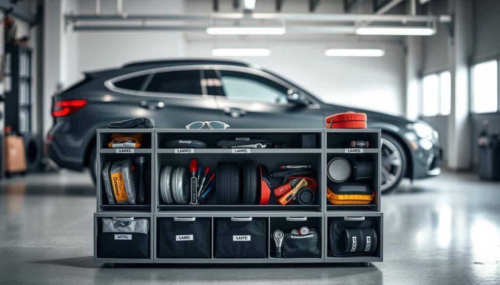 A well-organized car accessory storage system displayed in a modern garage setting. In the foreground, highlight several neatly arranged compartments, showcasing various car accessories like toolkits, tire inflators, and organizers, all designed for easy access. The middle section features a sleek shelving unit made of durable materials, with labels visible on each storage section for clarity. In the background, a stylishly parked car is partially visible, enhancing the focus on the storage system. Use bright, even lighting to create a clean and professional atmosphere, with a slightly blurred depth of field to keep the emphasis on the accessories. The overall mood is practical yet inviting, emphasizing efficiency and organization. A well-organized car accessory storage system displayed in a modern garage setting. In the foreground, highlight several neatly arranged compartments, showcasing various car accessories like toolkits, tire inflators, and organizers, all designed for easy access. The middle section features a sleek shelving unit made of durable materials, with labels visible on each storage section for clarity. In the background, a stylishly parked car is partially visible, enhancing the focus on the storage system. Use bright, even lighting to create a clean and professional atmosphere, with a slightly blurred depth of field to keep the emphasis on the accessories. The overall mood is practical yet inviting, emphasizing efficiency and organization.