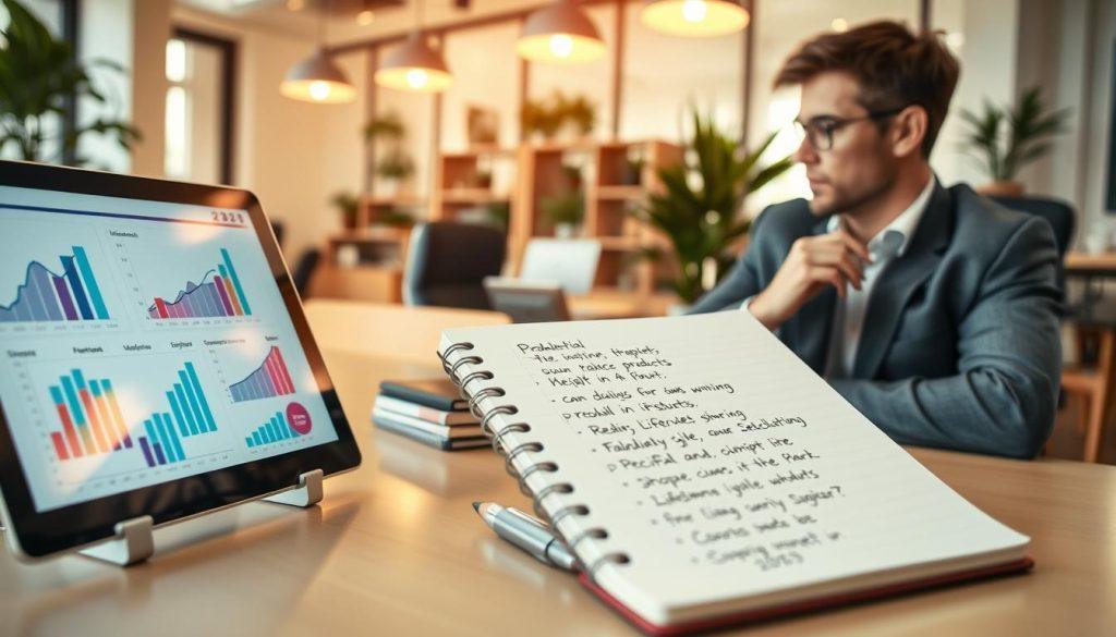 A well-organized workspace showcasing a three-part strategy analysis for product selection in e-commerce, with an emphasis on Shopee's profit-sharing approach. In the foreground, a sleek digital tablet displays graphs and charts illustrating market trends. The middle ground features a notepad filled with handwritten notes on potential winning lifestyle products for 2025. In the background, a modern office setting with bright, natural lighting, wooden furniture, and potted greenery creates a professional atmosphere. A business professional, dressed in smart casual attire, contemplates the data. The mood is focused and strategic, reflecting the analytical nature of product selection strategies. The image should be clear and vibrant, emphasizing clarity and professionalism without any text or distractions. A well-organized workspace showcasing a three-part strategy analysis for product selection in e-commerce, with an emphasis on Shopee's profit-sharing approach. In the foreground, a sleek digital tablet displays graphs and charts illustrating market trends. The middle ground features a notepad filled with handwritten notes on potential winning lifestyle products for 2025. In the background, a modern office setting with bright, natural lighting, wooden furniture, and potted greenery creates a professional atmosphere. A business professional, dressed in smart casual attire, contemplates the data. The mood is focused and strategic, reflecting the analytical nature of product selection strategies. The image should be clear and vibrant, emphasizing clarity and professionalism without any text or distractions.
