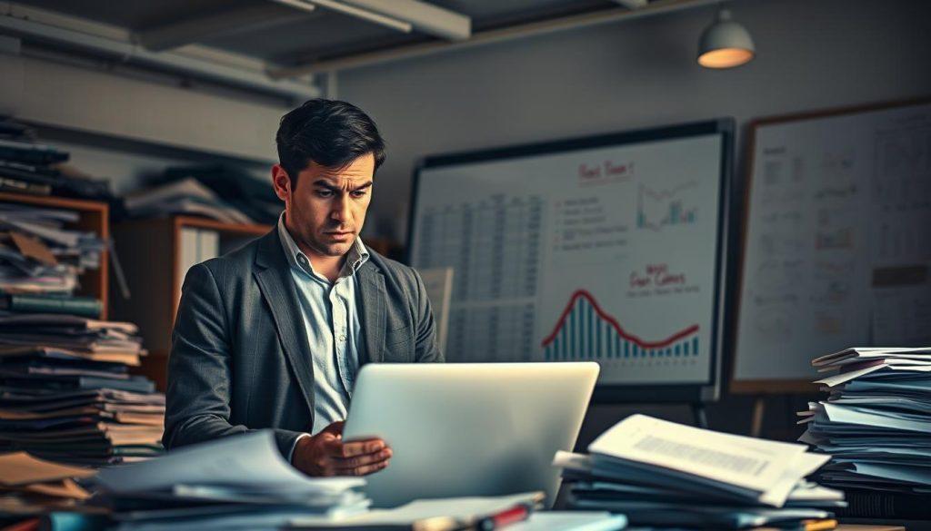 A worried entrepreneur standing in a cluttered office space, surrounded by piles of financial documents and graphs showing a downward trend. The foreground features a distressed individual in professional attire, looking intently at a laptop with a concerned expression. In the middle ground, a whiteboard filled with financial planning charts and notes is partially visible, hinting at chaotic planning. The background shows a dimly lit room with shadows creeping in, amplifying the sense of struggle and uncertainty. Soft overhead lighting casts a warm, yet tense atmosphere, emphasizing the burden of poor financial decisions. The overall mood is one of anxiety and reflection, illustrating the challenges faced in business due to inadequate funding strategies. A worried entrepreneur standing in a cluttered office space, surrounded by piles of financial documents and graphs showing a downward trend. The foreground features a distressed individual in professional attire, looking intently at a laptop with a concerned expression. In the middle ground, a whiteboard filled with financial planning charts and notes is partially visible, hinting at chaotic planning. The background shows a dimly lit room with shadows creeping in, amplifying the sense of struggle and uncertainty. Soft overhead lighting casts a warm, yet tense atmosphere, emphasizing the burden of poor financial decisions. The overall mood is one of anxiety and reflection, illustrating the challenges faced in business due to inadequate funding strategies.