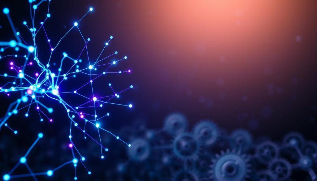 An abstract representation of AI core concepts featuring a luminous neural network structure in the foreground, with interconnected nodes and data streams glowing in vibrant blues and purples. In the middle ground, visualize intricate gears and circuits symbolizing the mechanical and logical aspects of artificial intelligence. The background should depict a soft gradient transitioning from deep black to a starry night sky, suggesting the infinite possibilities of AI. Use soft, ethereal lighting to create an atmosphere of wonder and intelligence. The angle should be slightly elevated to give depth and perspective, inviting the viewer to contemplate the complex interplay of ideas that defines AI. An abstract representation of AI core concepts featuring a luminous neural network structure in the foreground, with interconnected nodes and data streams glowing in vibrant blues and purples. In the middle ground, visualize intricate gears and circuits symbolizing the mechanical and logical aspects of artificial intelligence. The background should depict a soft gradient transitioning from deep black to a starry night sky, suggesting the infinite possibilities of AI. Use soft, ethereal lighting to create an atmosphere of wonder and intelligence. The angle should be slightly elevated to give depth and perspective, inviting the viewer to contemplate the complex interplay of ideas that defines AI.