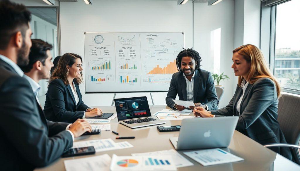 An engaging, professional scene depicting a business meeting focused on pricing strategies and profit calculation methods. In the foreground, a diverse group of three individuals in smart business attire are gathered around a large conference table covered with financial documents, calculators, and a laptop displaying graphs and pricing models. The middle ground features a whiteboard filled with colorful charts and diagrams illustrating pricing strategies and profit margins. In the background, a modern office space with large windows allowing natural light, creating a bright and optimistic atmosphere. The camera angle is slightly above, providing a comprehensive view of the collaborative environment. The mood is focused and dynamic, emphasizing teamwork and strategy development. An engaging, professional scene depicting a business meeting focused on pricing strategies and profit calculation methods. In the foreground, a diverse group of three individuals in smart business attire are gathered around a large conference table covered with financial documents, calculators, and a laptop displaying graphs and pricing models. The middle ground features a whiteboard filled with colorful charts and diagrams illustrating pricing strategies and profit margins. In the background, a modern office space with large windows allowing natural light, creating a bright and optimistic atmosphere. The camera angle is slightly above, providing a comprehensive view of the collaborative environment. The mood is focused and dynamic, emphasizing teamwork and strategy development.