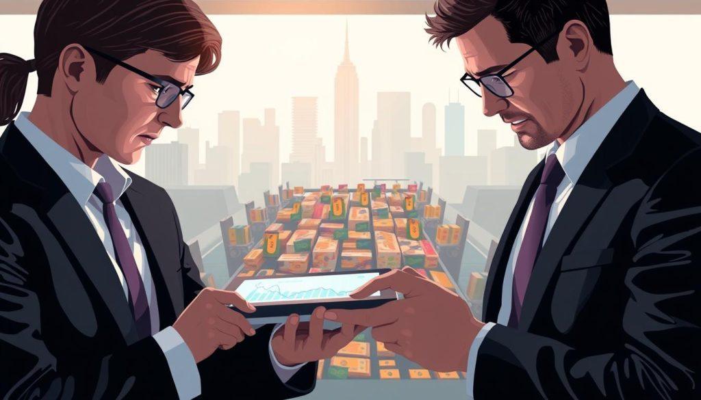 An illustrative image depicting the concept of price competition leading to profit compression in the context of e-commerce. In the foreground, show two business professionals in smart attire, looking concerned as they analyze market data on a digital tablet, surrounded by graphs and charts indicating declining profits. In the middle ground, include a visual representation of a marketplace filled with competing products, all marked with price tags falling dramatically. In the background, depict a bustling city skyline symbolizing the fast-paced nature of online retail. The overall lighting is bright yet slightly subdued, conveying a tense atmosphere, shot from a slightly elevated angle to emphasize the financial struggle depicted. The mood should reflect urgency and contemplation, without any text or visual distractions. An illustrative image depicting the concept of price competition leading to profit compression in the context of e-commerce. In the foreground, show two business professionals in smart attire, looking concerned as they analyze market data on a digital tablet, surrounded by graphs and charts indicating declining profits. In the middle ground, include a visual representation of a marketplace filled with competing products, all marked with price tags falling dramatically. In the background, depict a bustling city skyline symbolizing the fast-paced nature of online retail. The overall lighting is bright yet slightly subdued, conveying a tense atmosphere, shot from a slightly elevated angle to emphasize the financial struggle depicted. The mood should reflect urgency and contemplation, without any text or visual distractions.