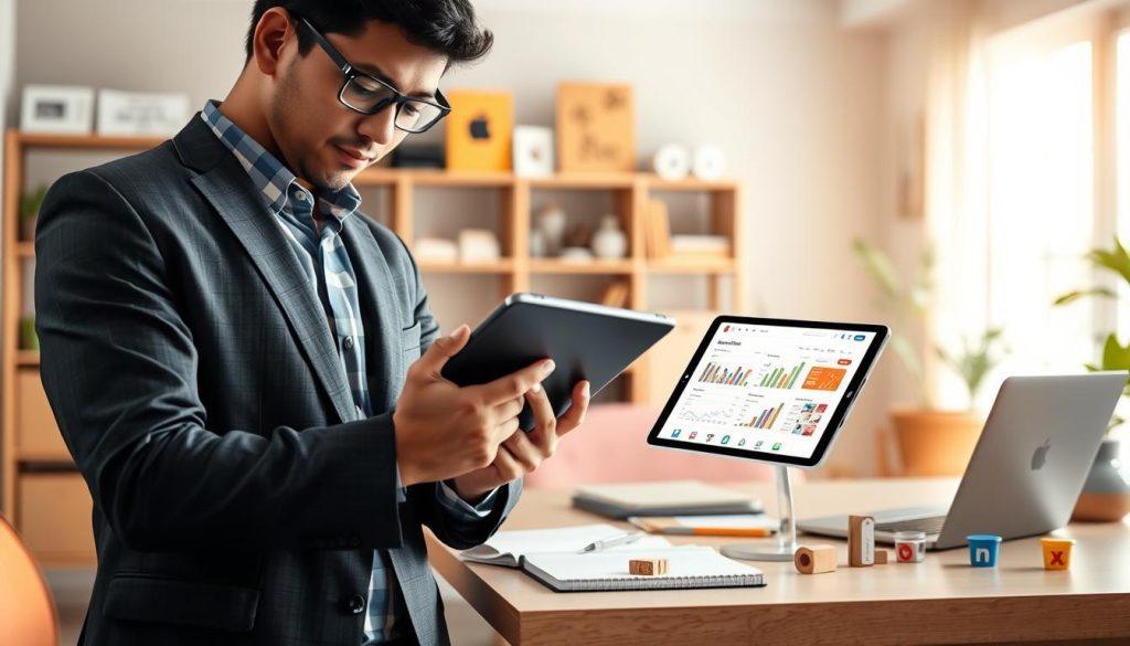 An illustrative scene showcasing practical tips for reducing seller costs on the Shopee platform. In the foreground, a confident businessperson dressed in smart casual attire is seen analyzing a digital tablet, displaying graphs and listings. In the middle ground, there’s a workspace with a laptop, a notebook, and various small products ready for sale, representing inventory management. The background features a blurred image of a cozy home office with shelves stocked with supplies and a window letting in soft, natural light, creating a warm and inviting atmosphere. The composition should convey focus and professionalism, emphasizing a productive environment for online selling. Use a slightly angled perspective to add depth, with bright, clear lighting to highlight the workspace. An illustrative scene showcasing practical tips for reducing seller costs on the Shopee platform. In the foreground, a confident businessperson dressed in smart casual attire is seen analyzing a digital tablet, displaying graphs and listings. In the middle ground, there’s a workspace with a laptop, a notebook, and various small products ready for sale, representing inventory management. The background features a blurred image of a cozy home office with shelves stocked with supplies and a window letting in soft, natural light, creating a warm and inviting atmosphere. The composition should convey focus and professionalism, emphasizing a productive environment for online selling. Use a slightly angled perspective to add depth, with bright, clear lighting to highlight the workspace.