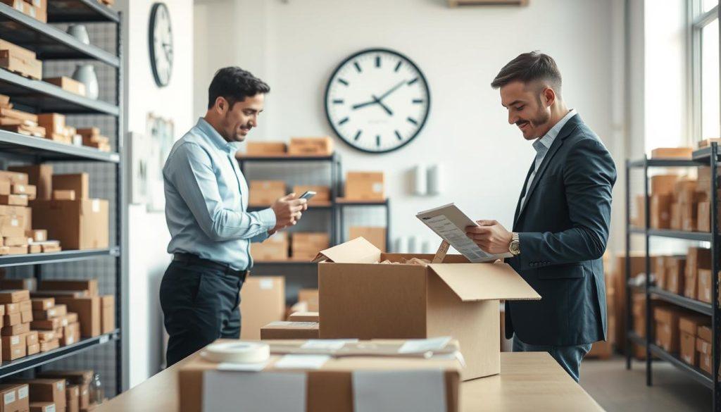 An organized shipping preparation workflow scene depicting a clean and efficient workspace. In the foreground, a team of two professionals dressed in smart casual attire, one packing items into a sturdy shipping box while the other checks an order list on a tablet. In the middle ground, shelves filled with neatly arranged packages and shipping supplies like tape and labels. In the background, a large wall clock showing the time, emphasizing urgency, and a window allowing ambient daylight to illuminate the space, creating a bright and positive atmosphere. Capture the sense of teamwork and attention to detail in the logistics process, with a soft focus on the background for depth. An organized shipping preparation workflow scene depicting a clean and efficient workspace. In the foreground, a team of two professionals dressed in smart casual attire, one packing items into a sturdy shipping box while the other checks an order list on a tablet. In the middle ground, shelves filled with neatly arranged packages and shipping supplies like tape and labels. In the background, a large wall clock showing the time, emphasizing urgency, and a window allowing ambient daylight to illuminate the space, creating a bright and positive atmosphere. Capture the sense of teamwork and attention to detail in the logistics process, with a soft focus on the background for depth.