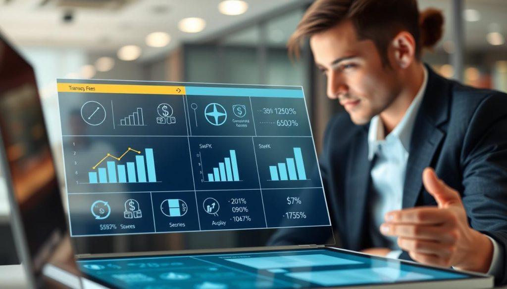 Create a detailed and informative image showcasing the concept of "Shopee transaction fees explanation." In the foreground, depict a clear visual of a digital interface displaying graphs and icons representing various fees such as transaction fees, payment processing fees, and commission rates. In the middle ground, include a professional looking individual, dressed in business attire, analyzing the data with a thoughtful expression. The background should feature subtle elements like a blurred office environment with soft lighting to convey a professional atmosphere. Use balanced lighting to highlight the digital screen and the figure, creating a sense of clarity and focus. The overall mood should be analytical and informative, suitable for a financial article. Create a detailed and informative image showcasing the concept of "Shopee transaction fees explanation." In the foreground, depict a clear visual of a digital interface displaying graphs and icons representing various fees such as transaction fees, payment processing fees, and commission rates. In the middle ground, include a professional looking individual, dressed in business attire, analyzing the data with a thoughtful expression. The background should feature subtle elements like a blurred office environment with soft lighting to convey a professional atmosphere. Use balanced lighting to highlight the digital screen and the figure, creating a sense of clarity and focus. The overall mood should be analytical and informative, suitable for a financial article.