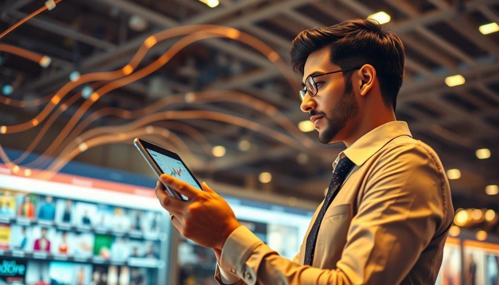 Create an engaging and visually dynamic image that represents the concept of "Shopee Algorithm Traffic Improvement Techniques." In the foreground, feature a professional-looking person, dressed in business attire, thoughtfully analyzing a digital tablet displaying data analytics graphs and product statistics. In the middle ground, showcase a vibrant online marketplace interface with various product thumbnails and a search bar actively displaying results. In the background, include abstract representations of digital connectivity, such as flowing lines or light trails symbolizing data and algorithmic processes. Use warm, inviting lighting to create a sense of optimism and success. The perspective should be slightly angled, focusing on the person and the digital device, creating a dynamic and engaging atmosphere that reflects innovation and insight. Create an engaging and visually dynamic image that represents the concept of "Shopee Algorithm Traffic Improvement Techniques." In the foreground, feature a professional-looking person, dressed in business attire, thoughtfully analyzing a digital tablet displaying data analytics graphs and product statistics. In the middle ground, showcase a vibrant online marketplace interface with various product thumbnails and a search bar actively displaying results. In the background, include abstract representations of digital connectivity, such as flowing lines or light trails symbolizing data and algorithmic processes. Use warm, inviting lighting to create a sense of optimism and success. The perspective should be slightly angled, focusing on the person and the digital device, creating a dynamic and engaging atmosphere that reflects innovation and insight.