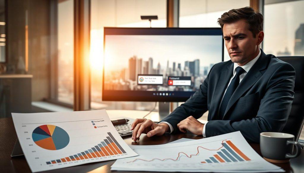 In a modern office setting, a professional-looking man in business attire sits at a desk, visibly frustrated as he examines a chart showing a stark contrast between anticipated service quality and reality. The foreground features the man with a focused expression, while a detailed pie chart and a line graph depicting a service quality gap are prominent on the desk. In the middle ground, a sleek computer screen displays buffering icons and error messages, symbolizing limited service, surrounded by papers and a coffee cup. The background shows an office window with a city skyline, bathed in warm sunlight, enhancing the mood of disappointment and unmet expectations. The overall atmosphere is tense, reflecting a clash between hope and reality in a professional context. In a modern office setting, a professional-looking man in business attire sits at a desk, visibly frustrated as he examines a chart showing a stark contrast between anticipated service quality and reality. The foreground features the man with a focused expression, while a detailed pie chart and a line graph depicting a service quality gap are prominent on the desk. In the middle ground, a sleek computer screen displays buffering icons and error messages, symbolizing limited service, surrounded by papers and a coffee cup. The background shows an office window with a city skyline, bathed in warm sunlight, enhancing the mood of disappointment and unmet expectations. The overall atmosphere is tense, reflecting a clash between hope and reality in a professional context.
