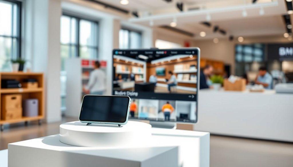 A bright and visually engaging e-commerce product display scene, focusing on a well-lit, high-quality main product image and an adjacent promotional video thumbnail. The foreground features an attractive electronic gadget showcased on a sleek white pedestal, highlighted with soft shadows to enhance its three-dimensional appeal. The middle section includes a video screen displaying a dynamic clip of the product in use, with crisp visuals and a professional presentation style. In the background, a blurred view of a modern, minimalistic online shop interface, suggesting a busy online marketplace environment. The ambiance is inviting and professional, aiming to convey a sense of trust and quality, enhanced by natural lighting to create a warm atmosphere. The composition should be clean, emphasizing the key visuals without any text or distractions. A bright and visually engaging e-commerce product display scene, focusing on a well-lit, high-quality main product image and an adjacent promotional video thumbnail. The foreground features an attractive electronic gadget showcased on a sleek white pedestal, highlighted with soft shadows to enhance its three-dimensional appeal. The middle section includes a video screen displaying a dynamic clip of the product in use, with crisp visuals and a professional presentation style. In the background, a blurred view of a modern, minimalistic online shop interface, suggesting a busy online marketplace environment. The ambiance is inviting and professional, aiming to convey a sense of trust and quality, enhanced by natural lighting to create a warm atmosphere. The composition should be clean, emphasizing the key visuals without any text or distractions.