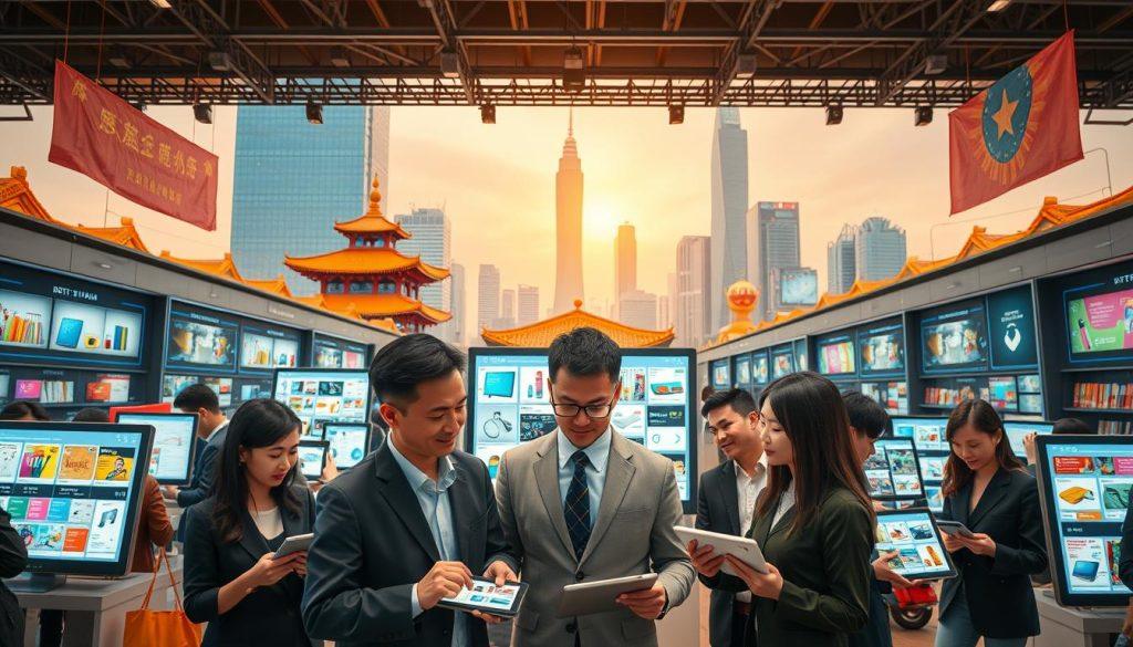 A bustling Taiwanese online marketplace set in a vibrant digital environment. In the foreground, a diverse group of sellers in professional business attire showcase their products on tablet devices, discussing strategies. The middle ground features colorful digital product listings floating on screens, with a variety of goods such as electronics, clothing, and home goods displayed vividly. The background presents an urban landscape with symbolic elements of Taiwan, like traditional architecture intertwined with modern skyscrapers, reflecting the fusion of culture and commerce. Warm, inviting lighting casts a hopeful atmosphere, showcasing the competitive yet dynamic nature of the e-commerce scene. The angle captures a sense of movement and engagement, drawing viewers into the thriving marketplace. A bustling Taiwanese online marketplace set in a vibrant digital environment. In the foreground, a diverse group of sellers in professional business attire showcase their products on tablet devices, discussing strategies. The middle ground features colorful digital product listings floating on screens, with a variety of goods such as electronics, clothing, and home goods displayed vividly. The background presents an urban landscape with symbolic elements of Taiwan, like traditional architecture intertwined with modern skyscrapers, reflecting the fusion of culture and commerce. Warm, inviting lighting casts a hopeful atmosphere, showcasing the competitive yet dynamic nature of the e-commerce scene. The angle captures a sense of movement and engagement, drawing viewers into the thriving marketplace.