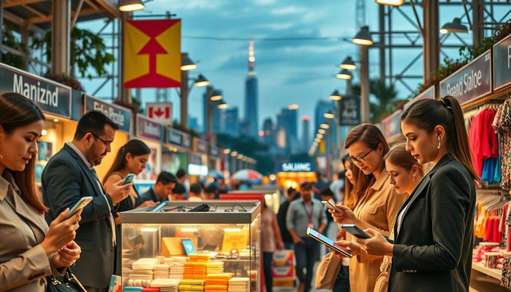 A bustling market scene depicting a vibrant, modern e-commerce environment reflecting the theme of market saturation. In the foreground, a diverse group of people in professional business attire are engaging with digital devices, exploring products on mobile phones and tablets. The middle ground features booths and stalls filled with colorful merchandise, displaying a wide range of items, from electronics to fashion, showcasing the variety in the e-commerce landscape. In the background, a city skyline is visible, symbolizing growth and competition. The lighting is warm and inviting, emphasizing a busy yet organized atmosphere, as if it’s early evening with the soft glow of streetlights beginning to illuminate the scene. The overall mood conveys a sense of hustle and opportunity amidst the discussion of market dynamics. A bustling market scene depicting a vibrant, modern e-commerce environment reflecting the theme of market saturation. In the foreground, a diverse group of people in professional business attire are engaging with digital devices, exploring products on mobile phones and tablets. The middle ground features booths and stalls filled with colorful merchandise, displaying a wide range of items, from electronics to fashion, showcasing the variety in the e-commerce landscape. In the background, a city skyline is visible, symbolizing growth and competition. The lighting is warm and inviting, emphasizing a busy yet organized atmosphere, as if it’s early evening with the soft glow of streetlights beginning to illuminate the scene. The overall mood conveys a sense of hustle and opportunity amidst the discussion of market dynamics.