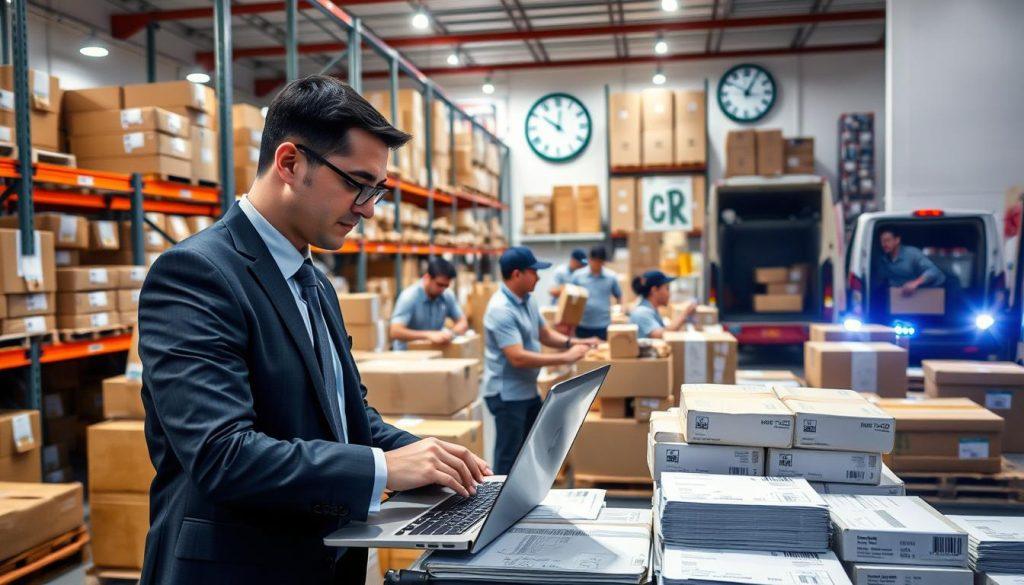 A busy logistics warehouse environment showcasing efficient shipping speed. In the foreground, a professional in business attire efficiently managing a laptop, with shipping labels and packages organized beside them. The middle ground features workers in polo shirts preparing boxes for shipment, with some loading items onto delivery trucks. In the background, shelves filled with neatly stacked packages and a wall clock visibly showing the time, indicating swift operations. Bright, even lighting fills the scene, highlighting the dynamic movement and urgency. The atmosphere conveys professionalism and productivity, emphasizing the importance of quick shipping in logistics. A busy logistics warehouse environment showcasing efficient shipping speed. In the foreground, a professional in business attire efficiently managing a laptop, with shipping labels and packages organized beside them. The middle ground features workers in polo shirts preparing boxes for shipment, with some loading items onto delivery trucks. In the background, shelves filled with neatly stacked packages and a wall clock visibly showing the time, indicating swift operations. Bright, even lighting fills the scene, highlighting the dynamic movement and urgency. The atmosphere conveys professionalism and productivity, emphasizing the importance of quick shipping in logistics.