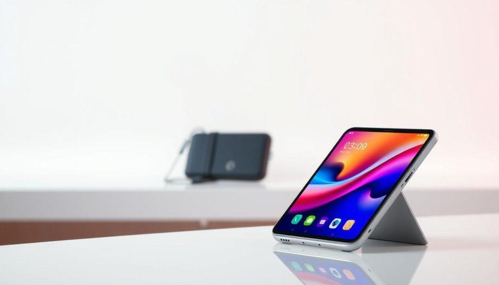 A clear and vibrant product main image showcasing a stylish and modern electronic gadget, such as a smartphone or tablet, prominently displayed in the foreground on a sleek white surface. The gadget should be angled slightly to highlight its design and features, showcasing its screen with a colorful app layout. In the middle ground, a subtle arrangement of complementary accessories, like earbuds or a stylish case, adds contextual depth. The background should be softly blurred with a pastel tone to enhance focus on the product, evoking a clean, professional atmosphere. Soft, diffused lighting from the left side creates gentle reflections on the product surface, emphasizing its premium quality while casting subtle shadows. The overall mood is inviting and professional, suitable for e-commerce, drawing attention to the product's appeal and benefits. A clear and vibrant product main image showcasing a stylish and modern electronic gadget, such as a smartphone or tablet, prominently displayed in the foreground on a sleek white surface. The gadget should be angled slightly to highlight its design and features, showcasing its screen with a colorful app layout. In the middle ground, a subtle arrangement of complementary accessories, like earbuds or a stylish case, adds contextual depth. The background should be softly blurred with a pastel tone to enhance focus on the product, evoking a clean, professional atmosphere. Soft, diffused lighting from the left side creates gentle reflections on the product surface, emphasizing its premium quality while casting subtle shadows. The overall mood is inviting and professional, suitable for e-commerce, drawing attention to the product's appeal and benefits.