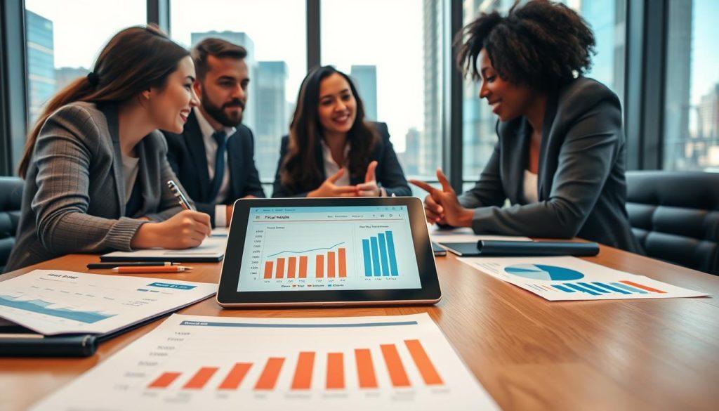 A close-up view of a professional business meeting table set in a modern office environment, with charts and graphs illustrating pricing strategies and profit margins laid out. In the foreground, a sleek tablet displays a visual of a price comparison analysis. In the middle, three diverse professionals in business attire discuss passionately, their expressions focused and engaged, surrounded by notes and financial documents. The background features a large window with a cityscape view, allowing natural light to flood the room, creating a bright and optimistic atmosphere. The overall mood is one of strategic planning and collaboration, with a blend of professionalism and innovation, suitable for a discussion on sustainable profitability and branding in business. A close-up view of a professional business meeting table set in a modern office environment, with charts and graphs illustrating pricing strategies and profit margins laid out. In the foreground, a sleek tablet displays a visual of a price comparison analysis. In the middle, three diverse professionals in business attire discuss passionately, their expressions focused and engaged, surrounded by notes and financial documents. The background features a large window with a cityscape view, allowing natural light to flood the room, creating a bright and optimistic atmosphere. The overall mood is one of strategic planning and collaboration, with a blend of professionalism and innovation, suitable for a discussion on sustainable profitability and branding in business.