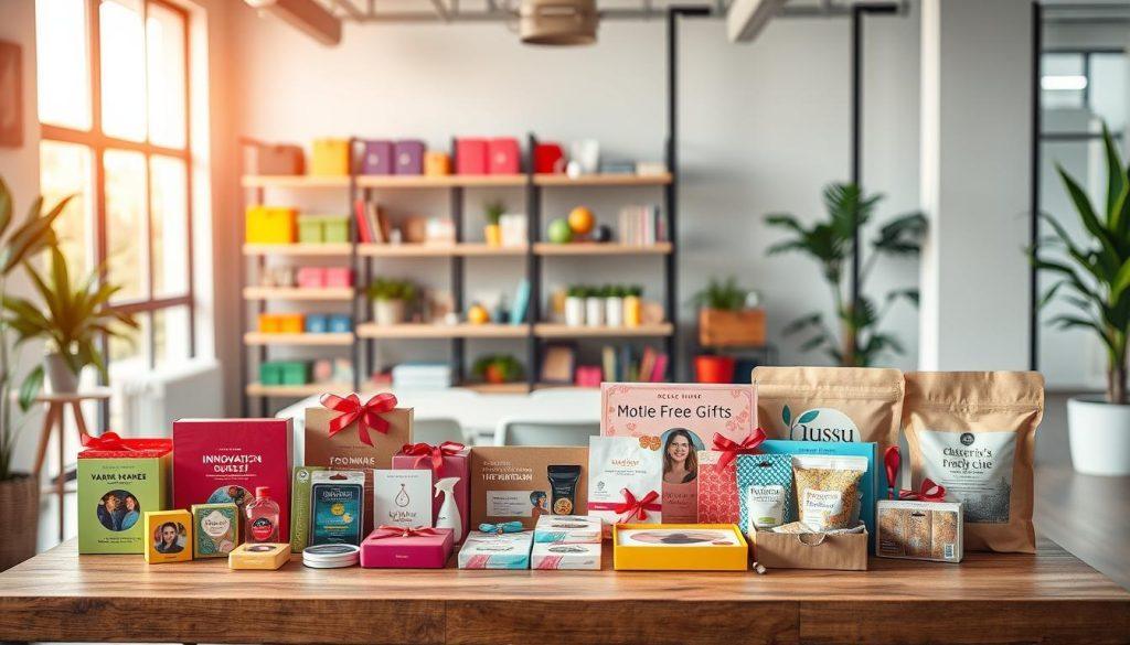A creative workspace featuring an attractive display of promotional products designed for online sellers, showcasing unique free gifts, value-added bundles, and enticing combinations. In the foreground, a neatly arranged table with colorful packaging, decorative gift items, and accessory bundles that convey innovation and quality. The middle ground includes a soft-focus shelf filled with vibrant products that allow customers to enhance their purchase experience. In the background, a modern office with natural light pouring through large windows, emphasizing a bright and optimistic atmosphere. Use a warm color palette to evoke a sense of creativity and value. The image should be captured from a slightly elevated angle to provide a comprehensive view of the promotional setup, highlighting the thoughtful arrangement of items. A creative workspace featuring an attractive display of promotional products designed for online sellers, showcasing unique free gifts, value-added bundles, and enticing combinations. In the foreground, a neatly arranged table with colorful packaging, decorative gift items, and accessory bundles that convey innovation and quality. The middle ground includes a soft-focus shelf filled with vibrant products that allow customers to enhance their purchase experience. In the background, a modern office with natural light pouring through large windows, emphasizing a bright and optimistic atmosphere. Use a warm color palette to evoke a sense of creativity and value. The image should be captured from a slightly elevated angle to provide a comprehensive view of the promotional setup, highlighting the thoughtful arrangement of items.
