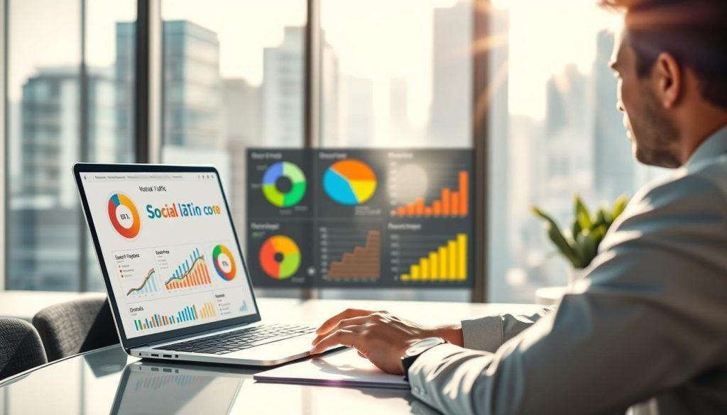 A detailed visualization of "Shopee marketplace traffic analysis," capturing various sources and proportions of natural traffic. In the foreground, a professional analyst, dressed in business attire, examines colorful graphs and charts on a laptop screen, highlighting diverse traffic sources such as social media, search engines, and direct visits. In the middle, interactive data visualizations loom large, showcasing pie charts and bar graphs amidst a sleek office setting with modern decor. The background features a blurred cityscape visible through a large window, suggesting a vibrant marketplace ecosystem. Bright, natural lighting creates an inviting atmosphere, while a contemporary lens flare adds depth. The overall mood conveys professionalism, curiosity, and a data-driven mindset, focusing on determining effective strategies for increasing visibility in the Shopee marketplace. A detailed visualization of "Shopee marketplace traffic analysis," capturing various sources and proportions of natural traffic. In the foreground, a professional analyst, dressed in business attire, examines colorful graphs and charts on a laptop screen, highlighting diverse traffic sources such as social media, search engines, and direct visits. In the middle, interactive data visualizations loom large, showcasing pie charts and bar graphs amidst a sleek office setting with modern decor. The background features a blurred cityscape visible through a large window, suggesting a vibrant marketplace ecosystem. Bright, natural lighting creates an inviting atmosphere, while a contemporary lens flare adds depth. The overall mood conveys professionalism, curiosity, and a data-driven mindset, focusing on determining effective strategies for increasing visibility in the Shopee marketplace.