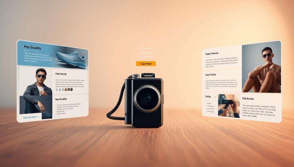 A dynamic and detailed product detail page layout for an e-commerce website, showcasing an attractive product featured prominently in the foreground. The product, a stylish gadget, is accompanied by high-quality images and key selling points displayed in visually appealing panels on either side. In the middle ground, a clean, user-friendly interface with positive customer reviews and an eye-catching call-to-action button encourages purchases. The background features a subtle gradient that draws the viewer’s focus towards the product, while soft, diffused lighting creates a warm, inviting atmosphere. The overall tone conveys professionalism and effectiveness in online retail, aiming to optimize traffic conversion into sales. The perspective is a slight overhead angle, emphasizing clarity and engagement without any text or branding. A dynamic and detailed product detail page layout for an e-commerce website, showcasing an attractive product featured prominently in the foreground. The product, a stylish gadget, is accompanied by high-quality images and key selling points displayed in visually appealing panels on either side. In the middle ground, a clean, user-friendly interface with positive customer reviews and an eye-catching call-to-action button encourages purchases. The background features a subtle gradient that draws the viewer’s focus towards the product, while soft, diffused lighting creates a warm, inviting atmosphere. The overall tone conveys professionalism and effectiveness in online retail, aiming to optimize traffic conversion into sales. The perspective is a slight overhead angle, emphasizing clarity and engagement without any text or branding.