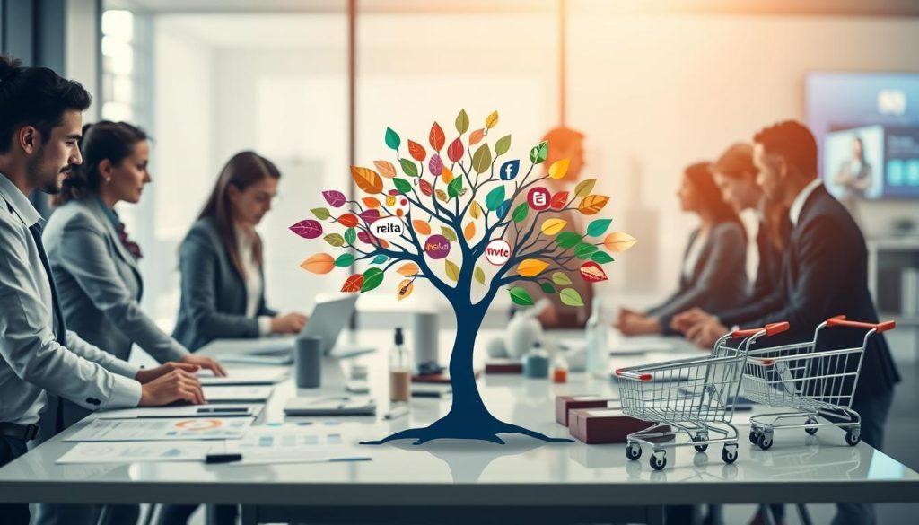 A dynamic composition showcasing the concept of differentiation in branding for e-commerce. In the foreground, a diverse group of professional individuals in business attire discussing strategies around a sleek, modern workspace table filled with branding materials, charts, and product samples. The middle ground features a visual metaphor: a vibrant tree with uniquely colored leaves symbolizing different brands branching out from a solid trunk. In the background, blurred silhouettes of shopping carts and digital screens represent the e-commerce environment. Soft, warm lighting to evoke a collaborative and innovative atmosphere, shot from a slightly elevated angle to capture the dynamic interaction and the metaphorical elements, emphasizing growth and uniqueness in branding. A dynamic composition showcasing the concept of differentiation in branding for e-commerce. In the foreground, a diverse group of professional individuals in business attire discussing strategies around a sleek, modern workspace table filled with branding materials, charts, and product samples. The middle ground features a visual metaphor: a vibrant tree with uniquely colored leaves symbolizing different brands branching out from a solid trunk. In the background, blurred silhouettes of shopping carts and digital screens represent the e-commerce environment. Soft, warm lighting to evoke a collaborative and innovative atmosphere, shot from a slightly elevated angle to capture the dynamic interaction and the metaphorical elements, emphasizing growth and uniqueness in branding.