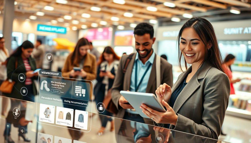 A dynamic, engaging image showcasing a vibrant online shopping experience, focusing on a diverse group of customers interacting with a seamless digital platform. In the foreground, a smiling young woman in professional business attire is using a tablet, showcasing an interface with personalized product recommendations. The middle ground features various shoppers, representing different demographics, engaged with their devices, surrounded by virtual elements like glowing icons and notifications symbolizing membership and repeat purchases. The background depicts a virtual marketplace environment, illuminated with soft, appealing lighting that conveys warmth and accessibility. The scene should evoke a sense of community, innovation, and the importance of customer loyalty in the evolving landscape of e-commerce. Use a wide-angle lens to capture the depth of the environment, emphasizing both the human interaction and the digital elements seamlessly integrated together. A dynamic, engaging image showcasing a vibrant online shopping experience, focusing on a diverse group of customers interacting with a seamless digital platform. In the foreground, a smiling young woman in professional business attire is using a tablet, showcasing an interface with personalized product recommendations. The middle ground features various shoppers, representing different demographics, engaged with their devices, surrounded by virtual elements like glowing icons and notifications symbolizing membership and repeat purchases. The background depicts a virtual marketplace environment, illuminated with soft, appealing lighting that conveys warmth and accessibility. The scene should evoke a sense of community, innovation, and the importance of customer loyalty in the evolving landscape of e-commerce. Use a wide-angle lens to capture the depth of the environment, emphasizing both the human interaction and the digital elements seamlessly integrated together.