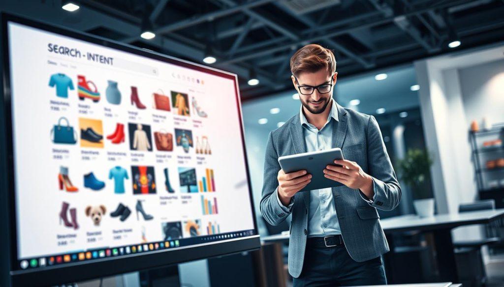 A dynamic representation of "search intent" within a digital marketplace. In the foreground, illustrate a computer screen displaying an array of diverse products, symbolizing optimal search results driven by user preferences. In the middle ground, include a professional-looking individual, dressed in business casual attire, analyzing data on a tablet, embodying the process of optimizing search visibility. The background features a sleek, modern office environment with soft lighting emphasizing a tech-savvy atmosphere. Use a wide-angle lens effect to create depth, highlighting the relationship between user intent and product recommendations. The mood should be focused and analytical, showcasing a blend of professionalism and innovation in the digital retail space. A dynamic representation of "search intent" within a digital marketplace. In the foreground, illustrate a computer screen displaying an array of diverse products, symbolizing optimal search results driven by user preferences. In the middle ground, include a professional-looking individual, dressed in business casual attire, analyzing data on a tablet, embodying the process of optimizing search visibility. The background features a sleek, modern office environment with soft lighting emphasizing a tech-savvy atmosphere. Use a wide-angle lens effect to create depth, highlighting the relationship between user intent and product recommendations. The mood should be focused and analytical, showcasing a blend of professionalism and innovation in the digital retail space.