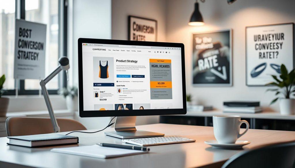 A modern and sleek digital workspace showcasing product page optimization for an e-commerce platform. In the foreground, a well-organized computer screen displays an eye-catching product image, an attention-grabbing title, and highlighted selling points. A marketing strategy checklist is subtly visible next to the screen. The middle ground features a stylish desk with professional business attire items like a notepad and a coffee cup, conveying a productive atmosphere. The background includes a softly lit room with motivational posters about conversion rates, creating a focused and innovative mood. Use soft, natural lighting to enhance the clarity of the workspace and add depth to the scene, with a slight lens blur to create a professional look. A modern and sleek digital workspace showcasing product page optimization for an e-commerce platform. In the foreground, a well-organized computer screen displays an eye-catching product image, an attention-grabbing title, and highlighted selling points. A marketing strategy checklist is subtly visible next to the screen. The middle ground features a stylish desk with professional business attire items like a notepad and a coffee cup, conveying a productive atmosphere. The background includes a softly lit room with motivational posters about conversion rates, creating a focused and innovative mood. Use soft, natural lighting to enhance the clarity of the workspace and add depth to the scene, with a slight lens blur to create a professional look.