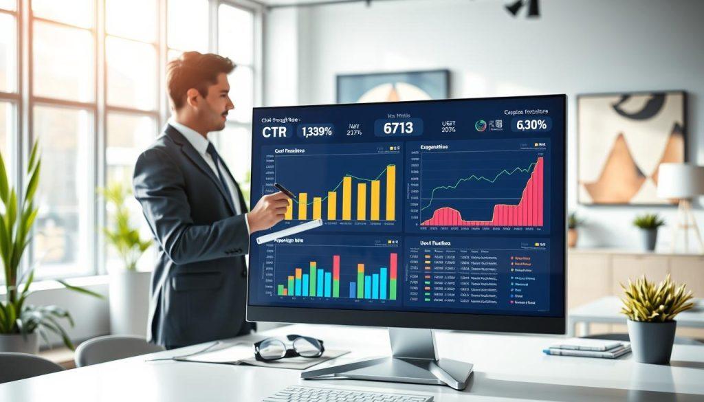 A modern and sleek workspace featuring a high-tech digital dashboard displaying key metrics related to "Point Click-Through Rate" (CTR). In the foreground, a close-up of a computer screen with colorful graphs and charts illustrating data on user engagement and exposure metrics. In the middle, a professional dressed in smart business attire analyzes the data with a pen and notepad, looking contemplative. The background displays soft-focus office elements, such as plants and abstract artwork, creating a calm yet focused atmosphere. Natural lighting filters through large windows, enhancing the clarity of the screen's visuals, while the overall mood promotes analytical thinking and business acumen. A modern and sleek workspace featuring a high-tech digital dashboard displaying key metrics related to "Point Click-Through Rate" (CTR). In the foreground, a close-up of a computer screen with colorful graphs and charts illustrating data on user engagement and exposure metrics. In the middle, a professional dressed in smart business attire analyzes the data with a pen and notepad, looking contemplative. The background displays soft-focus office elements, such as plants and abstract artwork, creating a calm yet focused atmosphere. Natural lighting filters through large windows, enhancing the clarity of the screen's visuals, while the overall mood promotes analytical thinking and business acumen.