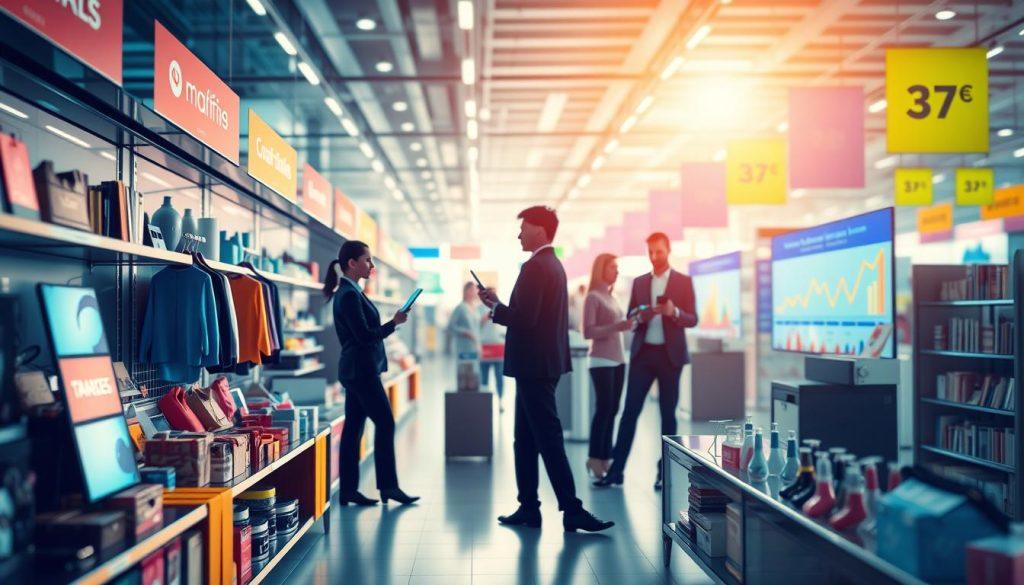 A modern digital marketplace scene illustrating the concept of traffic and competition rules on a shopping platform, with a focus on vibrant colors and dynamic elements. In the foreground, showcase an array of products like electronics, clothing, and beauty items neatly arranged on virtual shelves, symbolizing diverse offerings. The middle ground features silhouettes of small business owners in professional attire, engaging with analytical charts and digital devices, expressing determination and strategy. The background displays a stylized representation of a bustling online marketplace with colorful banners, notifications, and graphs indicating traffic patterns. The lighting is bright and optimistic, suggesting opportunity and innovation, crafted with a slight blur to emphasize focus on the characters and products in the foreground. The atmosphere is energetic and forward-looking, capturing the essence of thriving in a competitive digital economy. A modern digital marketplace scene illustrating the concept of traffic and competition rules on a shopping platform, with a focus on vibrant colors and dynamic elements. In the foreground, showcase an array of products like electronics, clothing, and beauty items neatly arranged on virtual shelves, symbolizing diverse offerings. The middle ground features silhouettes of small business owners in professional attire, engaging with analytical charts and digital devices, expressing determination and strategy. The background displays a stylized representation of a bustling online marketplace with colorful banners, notifications, and graphs indicating traffic patterns. The lighting is bright and optimistic, suggesting opportunity and innovation, crafted with a slight blur to emphasize focus on the characters and products in the foreground. The atmosphere is energetic and forward-looking, capturing the essence of thriving in a competitive digital economy.